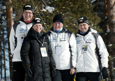 F.h.: Magne Killingstad, Hilde Norbom Killingstad, Line Nordhaug og Pål Espen Nordhaug på plass under helgens World Cup-renn i den finske skimetropolen Lahti.