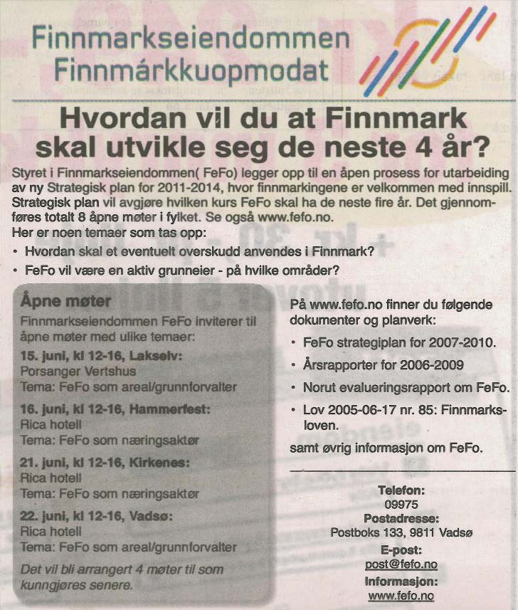 Fefos annonse om åpne møter Kirkenes 21 06 2010 Fefos annonse om åpne møter Kirkenes 21 06 2010