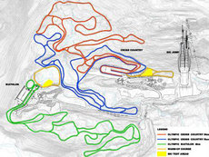 Løypekart OL 2010. Løypene i Callaghan Valley.14 km løyper, 2 stadion og 2 hoppbakker innenfor 1 km2.