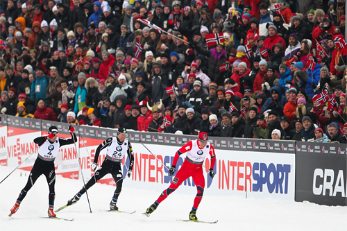 VM-sprinten Oslo 2011. Fra venstre: Dario Cologna, Andrew Newell, og Ola Vigen Hattestad. Foto: Laiho/NordicFocus.