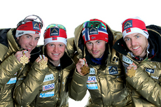 Norges gullgutter under VM i Oslo 2011. Fra venstre: Eldar Rønning, Martin Johnsrud Sundby, Petter Northug og Tord Asle Gjerdalen. Foto: Hemmersbach/NordicFocus.