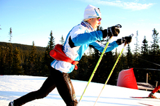 Kristin Størmer Steira er blant dem som ikler seg spesialdesign fra Trimtex, slik som hun gjorde på denne treningsøkta ved Sjusjøen. Foto: Geir Nilsen/Langrenn.com.