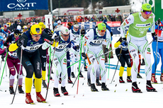 Petter Northug i sort og gult på startstreken i Marcialonga 2012. Mot høyre: Anders Aukland, Kjetil Hagtvedt Dammen og Jerry Ahrlin. Foto: Magnus Östh/Ski Classics.