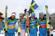 Sveriges gullgutter under OL-stafetten i Vancouver i 2010. Fra venstre: Anders Södergren, Marcus Hellner, Johan Olsson og Daniel Rickardsson. Foto: NordicFocus.