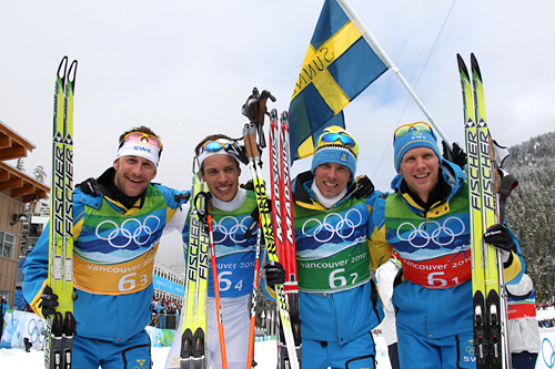 Sveriges gullgutter under OL-stafetten i Vancouver i 2010. Fra venstre: Anders Södergren, Marcus Hellner, Johan Olsson og Daniel Rickardsson. Foto: NordicFocus.