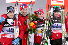 Norges vinnerlag i verdenscup-stafetten i Nove Mesto 2012. Fra venstre i etapperekkefølge: Eldar Rønning, Niklas Dyrhaug, Martin Johnsrud Sundby og Petter Northug jr. Foto: Hemmersbach/NordicFocus.