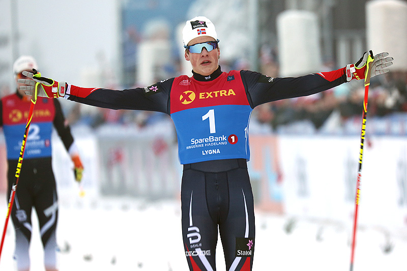 Johannes Høsflot Klæbo går i mål som norgesmester på sprint i fri teknikk under NM på Lygna 2017. Foto: Eirik Lund Røer/Eiluro. Johannes Høsflot Klæbo går i mål som norgesmester på sprint i fri teknikk under NM på Lygna 2017. Foto: Eirik Lund Røer/Eiluro.