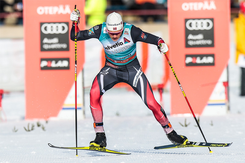 Johannes Høsflot Klæbo underveis mot sin første verdenscupseier, på sprinten i Otepää og Estland 2017. Foto: Modica/NordicFocus. Johannes Høsflot Klæbo underveis mot sin første verdenscupseier, på sprinten i Otepää og Estland 2017. Foto: Modica/NordicFocus.