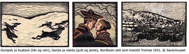 savio bilder, gumpek ja buatsuk (ulv og rein), ganda ja nieida (gutt og jente), nordbyen sett som tresnitt Tromsø 1931, copyright Saviomuseet