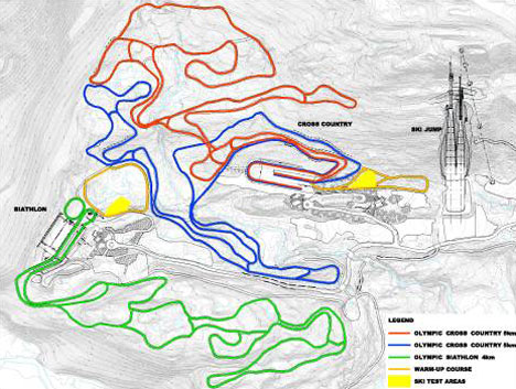 Løypekart OL 2010. Løypene i Callaghan Valley.14 km løyper, 2 stadion og 2 hoppbakker innenfor 1 km2. Løypekart OL 2010. Løypene i Callaghan Valley.14 km løyper, 2 stadion og 2 hoppbakker innenfor 1 km2.