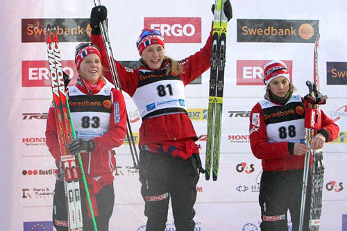 Pallen 5 km fristil junior-VM i Otepää, Estland. Fra venstre: Kari Øyre Slind (2), Ragnhild Haga (1), Heidi Weng (3). MMS-foto: Erik Borg. Pallen 5 km fristil junior-VM i Otepää, Estland. Fra venstre: Kari Øyre Slind (2), Ragnhild Haga (1), Heidi Weng (3). MMS-foto: Erik Borg.