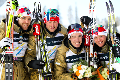 Norges gullgutter under VM i Oslo 2011. Fra venstre: Tord Asle Gjerdalen, Petter Northug, Eldar Rønning og Martin Johnsrud Sundby. Foto: Laiho/NordicFocus. Norges gullgutter under VM i Oslo 2011. Fra venstre: Tord Asle Gjerdalen, Petter Northug, Eldar Rønning og Martin Johnsrud Sundby. Foto: Laiho/NordicFocus.