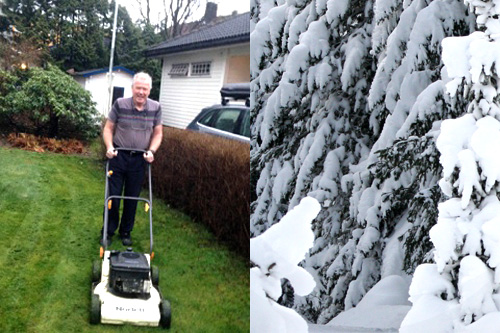 Sigmund Hov Moen feirer Oslo-jula 2013 med plenklipping. Til høyre en glimt av hvit vinter. Foto: Privat. Sigmund Hov Moen feirer Oslo-jula 2013 med plenklipping. Til høyre en glimt av hvit vinter. Foto: Privat.