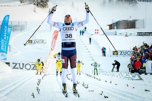 Rikard Tynell jubler over å ha vunnet første renn i Swix Ski Classics 2014, La Diagonela i Sveits. Foto: Magnus Östh/Swix Ski Classics. Rikard Tynell jubler over å ha vunnet første renn i Swix Ski Classics 2014, La Diagonela i Sveits. Foto: Magnus Östh/Swix Ski Classics.