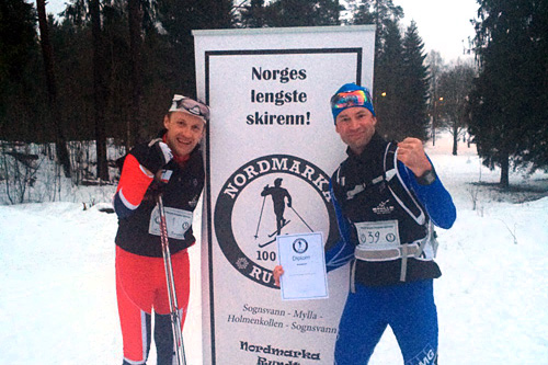 Initiativtager Thorkild Gundersen, til venstre, sammen med Svein Wiig gikk begge det 100 kilometer lange turrennet Nordmarka Rundt 2014. Arrangørfoto. Initiativtager Thorkild Gundersen, til venstre, sammen med Svein Wiig gikk begge det 100 kilometer lange turrennet Nordmarka Rundt 2014. Arrangørfoto.