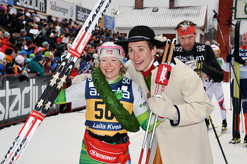 Laila Kveli, fra da hun vant Vasaloppet tilbake i 2014, her sammen med kransmas Daniel Svensson. Foto: Madshus. Laila Kveli, fra da hun vant Vasaloppet tilbake i 2014, her sammen med kransmas Daniel Svensson. Foto: Madshus.