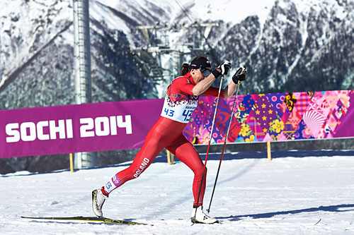 Justyna Kowalczyk underveis på 10 kilometer klassisk under OL i Sotsji 2014, der hun gikk inn til gull. Foto: NordicFocus. Justyna Kowalczyk underveis på 10 kilometer klassisk under OL i Sotsji 2014, der hun gikk inn til gull. Foto: NordicFocus.