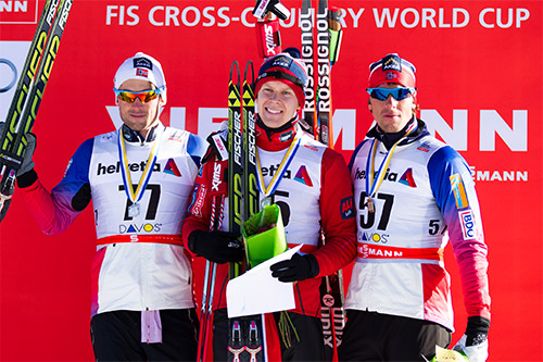 De tre beste gutta på 15 km fri under verdenscupen i Davos forrige vinter. Fra venstre: Petter Northug jr. (2), Anders Gløersen (1) og Chris Jespersen (3). Foto: Laiho/NordicFocus. De tre beste gutta på 15 km fri under verdenscupen i Davos forrige vinter. Fra venstre: Petter Northug jr. (2), Anders Gløersen (1) og Chris Jespersen (3). Foto: Laiho/NordicFocus.
