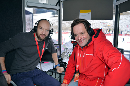 Jann Post og Torgeir Bjørn i kommentatorboksen under verdenscupen i Davos 2014. Foto: Gjermund Midtbø. Jann Post og Torgeir Bjørn i kommentatorboksen under verdenscupen i Davos 2014. Foto: Gjermund Midtbø.
