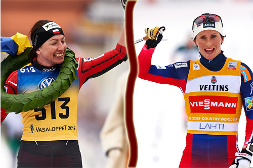 Justyna Kowalczyk på vei mot mål som vinner av Vasaloppet 2015, nesten samtidig med at Marit Bjørgen tok seieren på 10 km klassisk i Lahti. Foto: Felgenhauer (Kowalczyk) og Laiho (Bjørgen)/NordicFocus. Justyna Kowalczyk på vei mot mål som vinner av Vasaloppet 2015, nesten samtidig med at Marit Bjørgen tok seieren på 10 km klassisk i Lahti. Foto: Felgenhauer (Kowalczyk) og Laiho (Bjørgen)/NordicFocus.