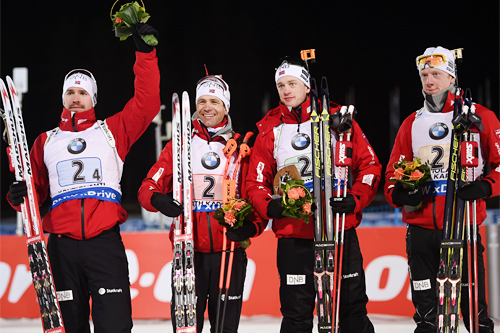 Norges sølvgutter på herrestafetten under VM i skiskyting i Kontiolahti 2015. Fra venstre: Emil Hegle Svendsen, Ole Einar Bjørndalen, Tarjei Bø og Johannes Thingnes Bø. Foto: Evgeny Tumashov/NordicFocus. Norges sølvgutter på herrestafetten under VM i skiskyting i Kontiolahti 2015. Fra venstre: Emil Hegle Svendsen, Ole Einar Bjørndalen, Tarjei Bø og Johannes Thingnes Bø. Foto: Evgeny Tumashov/NordicFocus.