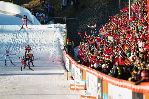 Fra innspurten av femmila i Holmenkollen 2015, der Sjur Røthe (fremst i bildet) stakk av med seieren. Foto: NordicFocus. Fra innspurten av femmila i Holmenkollen 2015, der Sjur Røthe (fremst i bildet) stakk av med seieren. Foto: NordicFocus.