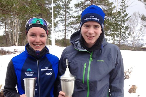 Ida Mogstad og Kristoffer Berset etter å ha vunnet 2015-utgaven av turrennet Nordmarksrunden. Foto: Surnadal IL. Ida Mogstad og Kristoffer Berset etter å ha vunnet 2015-utgaven av turrennet Nordmarksrunden. Foto: Surnadal IL.
