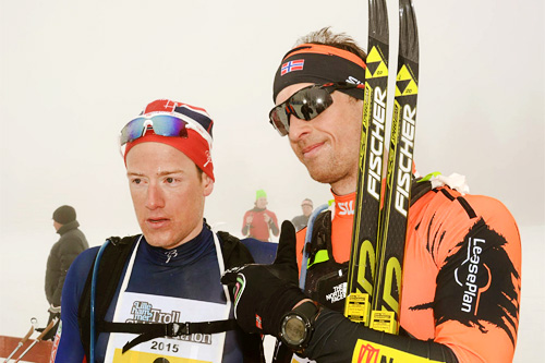 Kjetil Hagtvedt Dammen nærmest kamera etter å ha vunnet det 120 km lange Lillehammer Troll Ski Marathon foran Øyvind Moen Fjeld. Arrangørfoto. Kjetil Hagtvedt Dammen nærmest kamera etter å ha vunnet det 120 km lange Lillehammer Troll Ski Marathon foran Øyvind Moen Fjeld. Arrangørfoto.