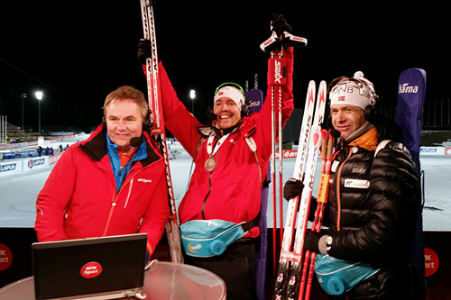 NRKs VM-studio med Dag Erik Pedersen (f.v.), Emil Hegle Svendsen og Ole Einar Bjørndalen. Foto: Norges Skiskytterforbund. NRKs VM-studio med Dag Erik Pedersen (f.v.), Emil Hegle Svendsen og Ole Einar Bjørndalen. Foto: Norges Skiskytterforbund.