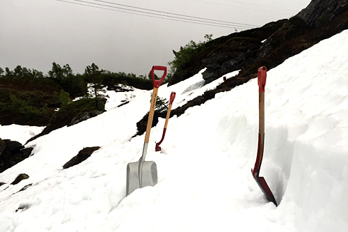 Arrangørene av Kvasshovden Opp hjelper naturkreftene med å fjerne snørester fra vinteren. Foto: Kvasshovden Opp. Arrangørene av Kvasshovden Opp hjelper naturkreftene med å fjerne snørester fra vinteren. Foto: Kvasshovden Opp.