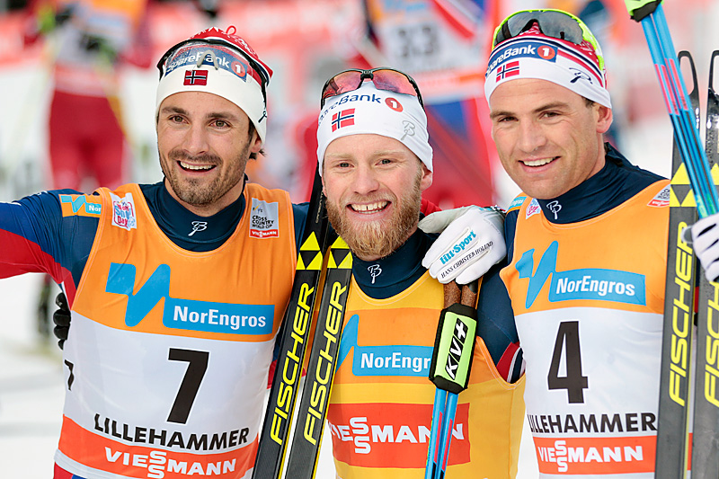 De beste herrene på skiathlon under verdenscupen på Lillehammer 2015. Fra venstre: Hans Christer Holund (3.-plass), Martin Johnsrud Sundby (1) og Niklas Dyrhaug (3). Foto: Modica/NordicFocus. De beste herrene på skiathlon under verdenscupen på Lillehammer 2015. Fra venstre: Hans Christer Holund (3.-plass), Martin Johnsrud Sundby (1) og Niklas Dyrhaug (3). Foto: Modica/NordicFocus.