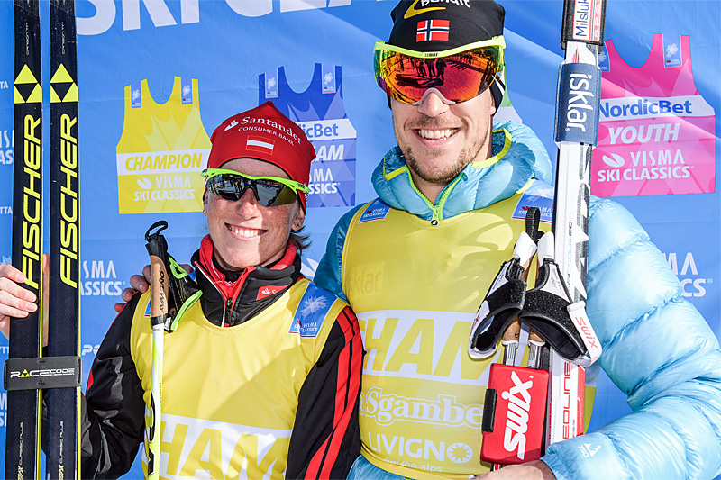Katerina Smutna og John Kristian Dahl vant La Sgambeda 2015 og tok dermed ledelsen i Ski Classics. Foto: Visma Ski Classics. Katerina Smutna og John Kristian Dahl vant La Sgambeda 2015 og tok dermed ledelsen i Ski Classics. Foto: Visma Ski Classics.