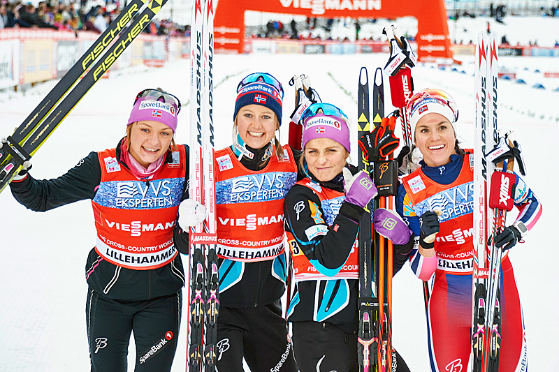 De norske stafettjentene som vant i verdenscupen på Lillehammer 2015. Fra venstre: Maiken Caspersen Falla (1. etappe), Ingvild Flugstad Østberg (2), Therese Johaug (3) og Heidi Weng (4). Foto: Modica/NordicFocus. De norske stafettjentene som vant i verdenscupen på Lillehammer 2015. Fra venstre: Maiken Caspersen Falla (1. etappe), Ingvild Flugstad Østberg (2), Therese Johaug (3) og Heidi Weng (4). Foto: Modica/NordicFocus.
