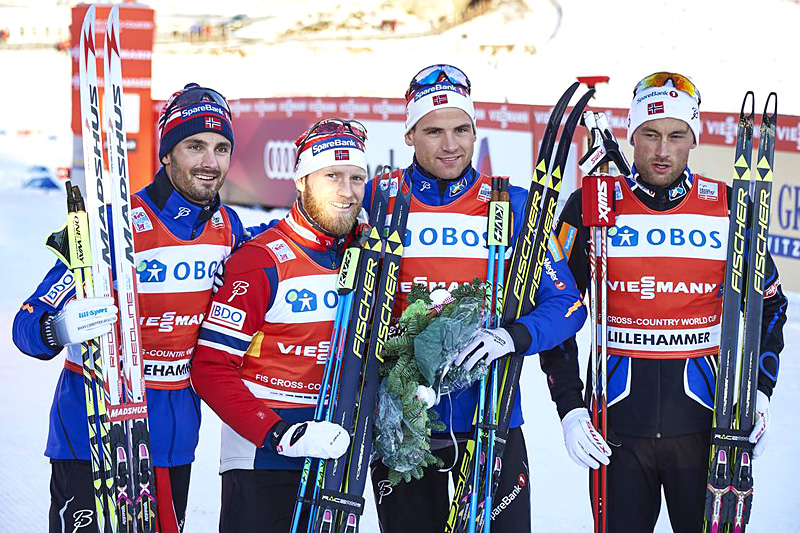 Norges førstelag som vant verdenscupstafetten på Lillehammer 2015. Fra venstre: Hans Christer Holund (2. etappe), Martin Johnsrud Sundby (3), Niklas Dyrhaug (1) og Petter Northug (4). Foto: Modica/NordicFocus. Norges førstelag som vant verdenscupstafetten på Lillehammer 2015. Fra venstre: Hans Christer Holund (2. etappe), Martin Johnsrud Sundby (3), Niklas Dyrhaug (1) og Petter Northug (4). Foto: Modica/NordicFocus.