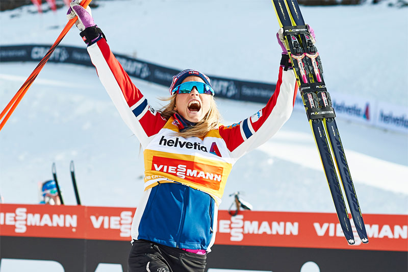Therese Johaug jubler over å ha vunnet 15 km fristil i verdenscupen i Davos 2015. Foto: Felgenhauer/NordicFocus. Therese Johaug jubler over å ha vunnet 15 km fristil i verdenscupen i Davos 2015. Foto: Felgenhauer/NordicFocus.