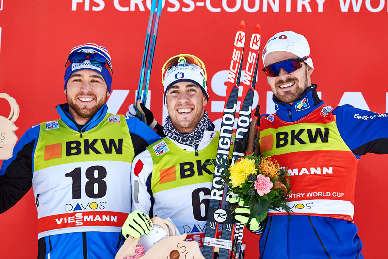 Herrenes seierspall etter verdenscupsprinten i Davos 2015. Fra venstre: Baptiste Gros (2. plass), Federico Pellegrino (1) og Sondre Turvoll Fossli (3). Foto: Felgenhauer/NordicFocus. Herrenes seierspall etter verdenscupsprinten i Davos 2015. Fra venstre: Baptiste Gros (2. plass), Federico Pellegrino (1) og Sondre Turvoll Fossli (3). Foto: Felgenhauer/NordicFocus.