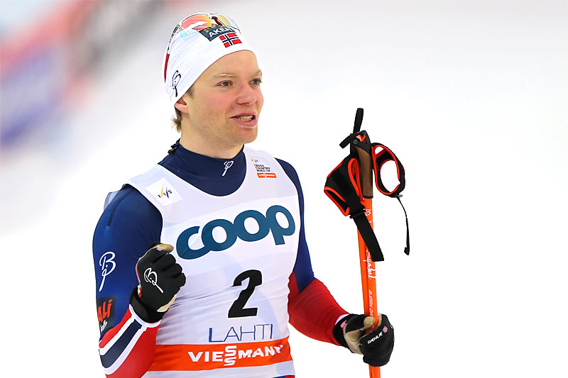 Eirik Brandsdal jubler over å ha vunnet sprinten under verdenscupen i Lahti 2015. Foto: Laiho/NordicFocus. Eirik Brandsdal jubler over å ha vunnet sprinten under verdenscupen i Lahti 2015. Foto: Laiho/NordicFocus.