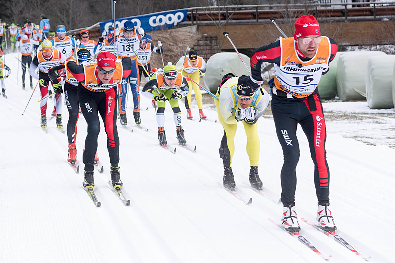 Tord Asle Gjerdalen, fremst til høyre, leder an mot seier i Marcialonga 2015. Foto: Östh/NordicFocus. Tord Asle Gjerdalen, fremst til høyre, leder an mot seier i Marcialonga 2015. Foto: Östh/NordicFocus.