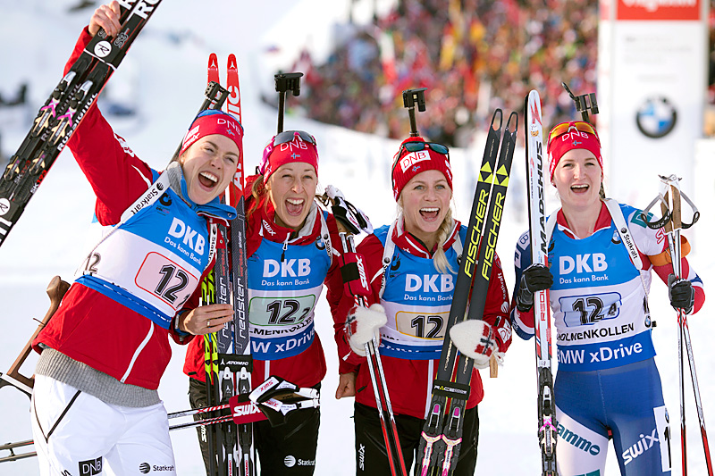 Norges gulljenter fra kvinnestafetten i Oslo-VM 2016. Fra venstre: Synnøve Solemdal, Fanny Horn Birkeland, Tiril Eckhoff og Marte Olsbu. Foto: NordicFocus. Norges gulljenter fra kvinnestafetten i Oslo-VM 2016. Fra venstre: Synnøve Solemdal, Fanny Horn Birkeland, Tiril Eckhoff og Marte Olsbu. Foto: NordicFocus.