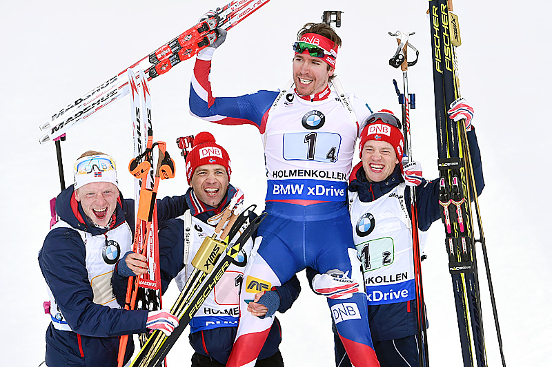 Johannes Thingnes Bø (f.v.), Ole Einar Bjørndalen, Emil Hegle Svendsen og Tarjei Bø tok gull i stafett under VM i Oslo 2016. Foto: Manzoni/NordicFocus. Johannes Thingnes Bø (f.v.), Ole Einar Bjørndalen, Emil Hegle Svendsen og Tarjei Bø tok gull i stafett under VM i Oslo 2016. Foto: Manzoni/NordicFocus.