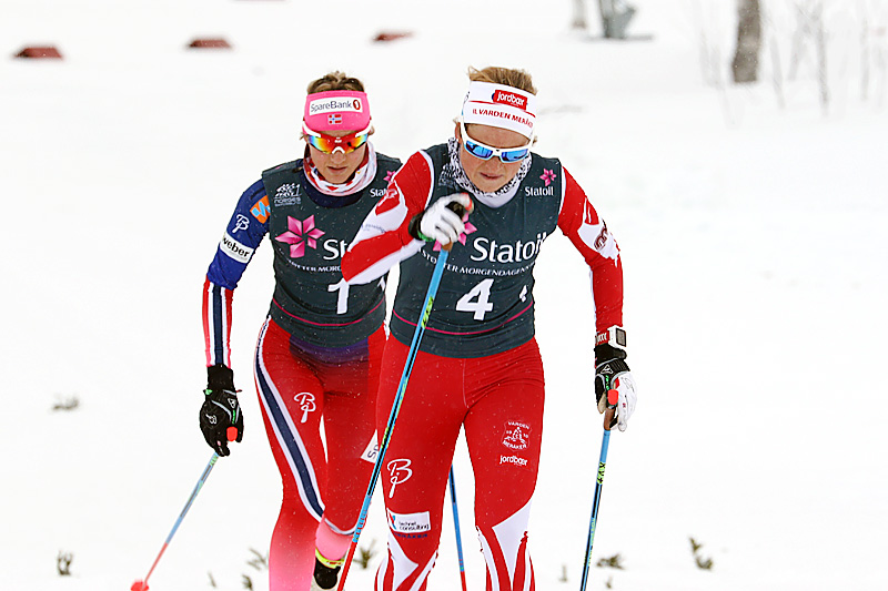 Marthe Kristoffersen foran Martine Ek Hagen under lagsprinten i NM på Beitostølen 2016. Kristoffersen tok gull for IL Varden sammen med Kathrine Harsem. Foto: Erik Borg. Marthe Kristoffersen foran Martine Ek Hagen under lagsprinten i NM på Beitostølen 2016. Kristoffersen tok gull for IL Varden sammen med Kathrine Harsem. Foto: Erik Borg.