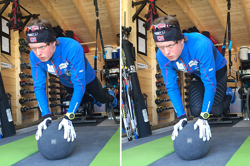 Planke, her i form av slynger med hendene på medisinball, der man trekker beina inn under seg, i regi av Mårten Soleng Skinstad. Foto: Team Sport 1 Skinstad. Planke, her i form av slynger med hendene på medisinball, der man trekker beina inn under seg, i regi av Mårten Soleng Skinstad. Foto: Team Sport 1 Skinstad.