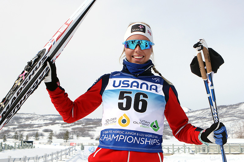 Marte Mæhlum Johansen kunne juble for sølv etter damenes 5-kilometer i fri teknikk under Junior-VM i amerikanske Park City 2017. Foto: Erik Borg. Marte Mæhlum Johansen kunne juble for sølv etter damenes 5-kilometer i fri teknikk under Junior-VM i amerikanske Park City 2017. Foto: Erik Borg.
