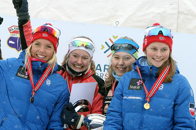 Opplands vinnerlag fra damestafetten under Junior-NM i Harstad 2017. Fra venstre: Marte Mæhlum Johansen, Tuva Bakkemo, Marthe Lindmoen og Mathilde Myhrvold. Foto: Erik Borg. Opplands vinnerlag fra damestafetten under Junior-NM i Harstad 2017. Fra venstre: Marte Mæhlum Johansen, Tuva Bakkemo, Marthe Lindmoen og Mathilde Myhrvold. Foto: Erik Borg.