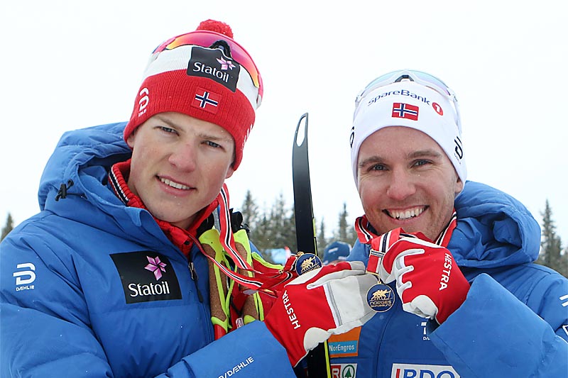 Johannes Høsflot Klæbo og Didrik Tønseth viser frem NM-gullene fra lagsprinten i norgesmesterskapet på Gålå 2017. Foto: Erik Borg. Johannes Høsflot Klæbo og Didrik Tønseth viser frem NM-gullene fra lagsprinten i norgesmesterskapet på Gålå 2017. Foto: Erik Borg.