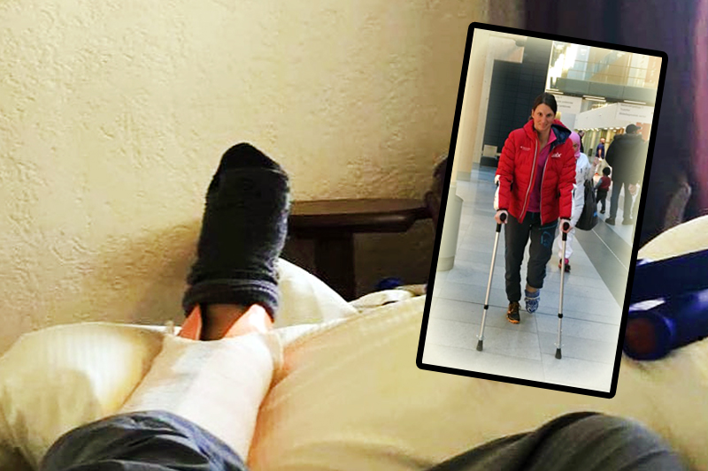 Etter Visma Ski Classics-rennet Kaiser Maximilian Lauf 2018 ble det gips på foten for Kari Vikhagen Gjeitnes etter et ublidt møte med et tre. Foto: Privat. Etter Visma Ski Classics-rennet Kaiser Maximilian Lauf 2018 ble det gips på foten for Kari Vikhagen Gjeitnes etter et ublidt møte med et tre. Foto: Privat.