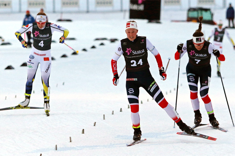 Anne Kjersti Kalvå går her inn til seier i sprintfinalen av Skandinavisk Cup i Trondheim og Granåsen 2018. Nærmest fulgte Jonna Sundling og Tiril Udnes Weng. Foto: Norges Skiforbund. Anne Kjersti Kalvå går her inn til seier i sprintfinalen av Skandinavisk Cup i Trondheim og Granåsen 2018. Nærmest fulgte Jonna Sundling og Tiril Udnes Weng. Foto: Norges Skiforbund.