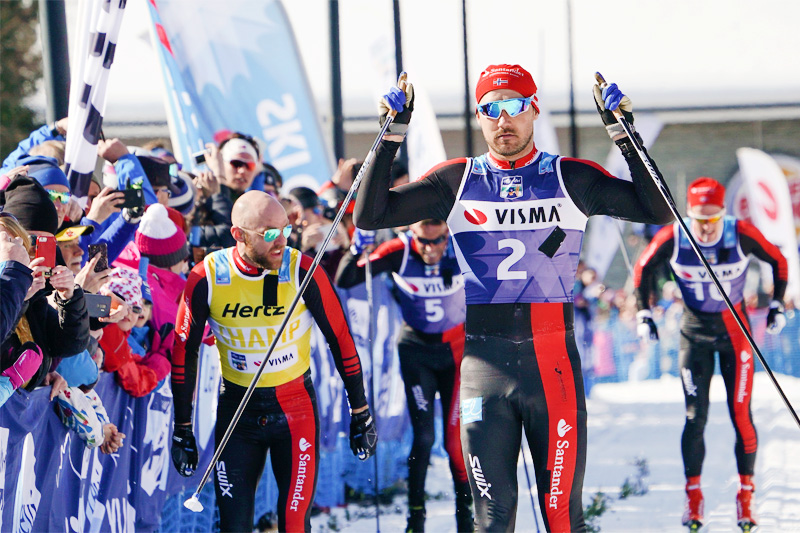 Andreas Nygaard går i mål som vinner av Visma Ski Classics-rennet Ylläs-Levi 2018, nærmest fulgt av lagkamerat Tord Asle Gjerdalen. Foto: Magnus Östh/Visma Ski Classics. Andreas Nygaard går i mål som vinner av Visma Ski Classics-rennet Ylläs-Levi 2018, nærmest fulgt av lagkamerat Tord Asle Gjerdalen. Foto: Magnus Östh/Visma Ski Classics.