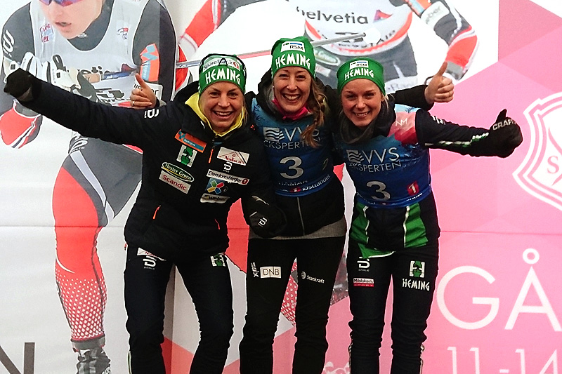 Stafettlaget til Heming som ble nummer tre under NM på Gåsbu 2018. Fra venstre: Astrid Uhrenholdt Jacobsen, Fanny Horn Birkeland og Marion Rønning Huber. Foto: IL Heming Langrenn. Stafettlaget til Heming som ble nummer tre under NM på Gåsbu 2018. Fra venstre: Astrid Uhrenholdt Jacobsen, Fanny Horn Birkeland og Marion Rønning Huber. Foto: IL Heming Langrenn.