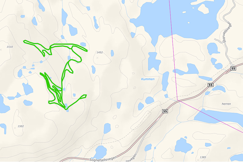 Det nye løypenettet ved Sognefjellshytta, det ligger litt vestover langs veien og opp i lia. Området gjør at løypenettet cirka har blitt doblet i lengde. Grafikk: Løyper.net/Langrenn.com. Det nye løypenettet ved Sognefjellshytta, det ligger litt vestover langs veien og opp i lia. Området gjør at løypenettet cirka har blitt doblet i lengde. Grafikk: Løyper.net/Langrenn.com.